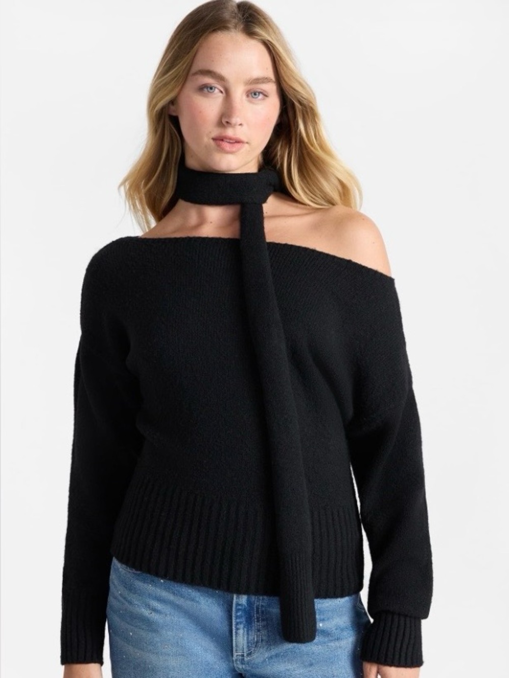 Black Off the Shoulder Sweater with matching Scarf